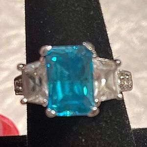 STUNNING CZ & Teal Crystal, Emerald-cut Ring, sz 8.5
